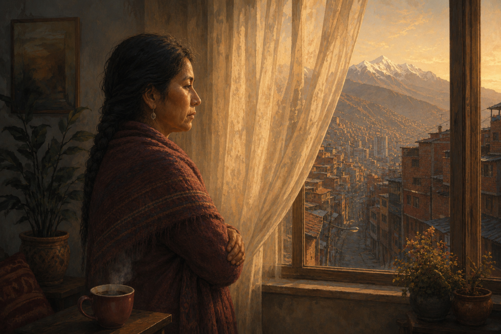 Mujer contempla la ciudad de La Paz desde una ventana durante la cuarentena.