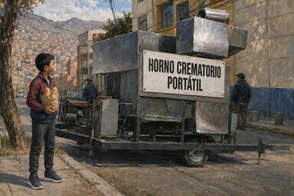 Niño de diez años observa un horno crematorio portátil en una calle de La Paz.