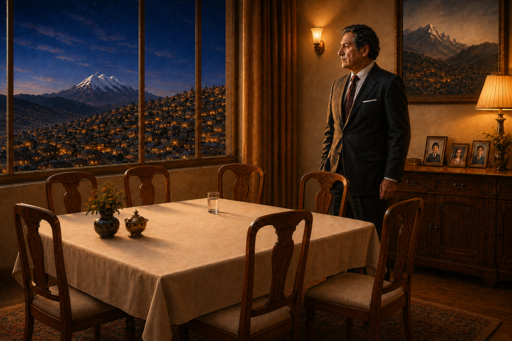 Hombre contempla una mesa de seis sillas vacías durante la noche en La Paz.