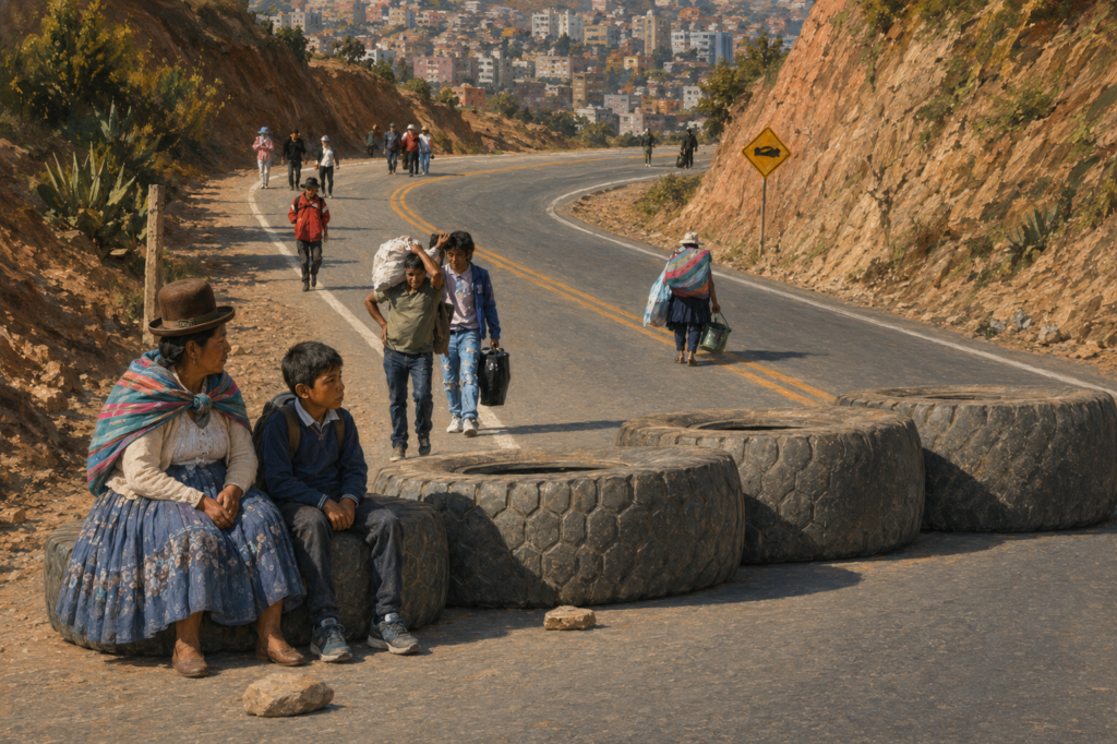 Bloqueo en una autopista de La Paz con una madre y su hijo sentados sobre las llantas.